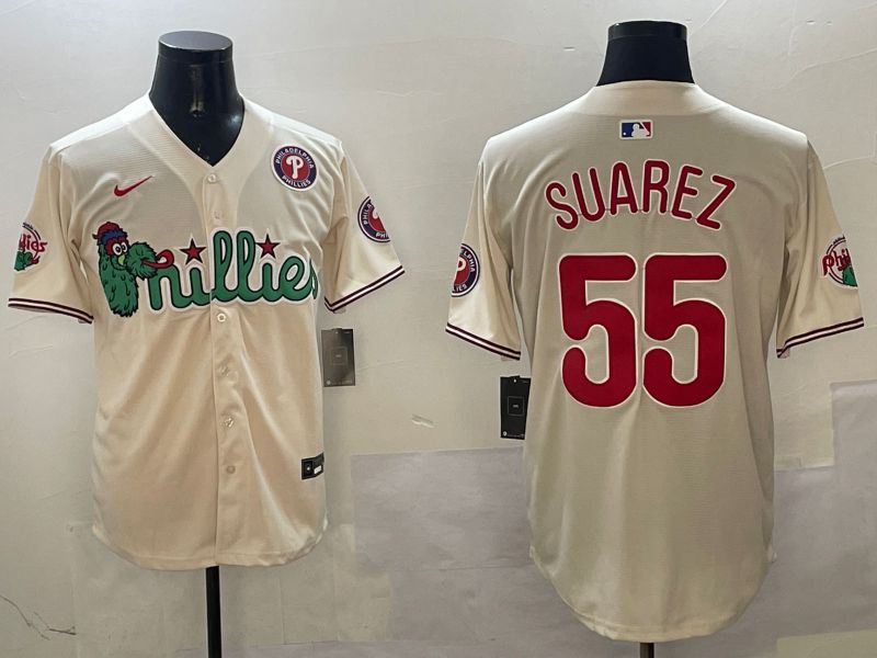 Men Philadelphia Phillies #55 Suarez Cream Three generations Joint Name Game 2025 Nike MLB Jersey style 5